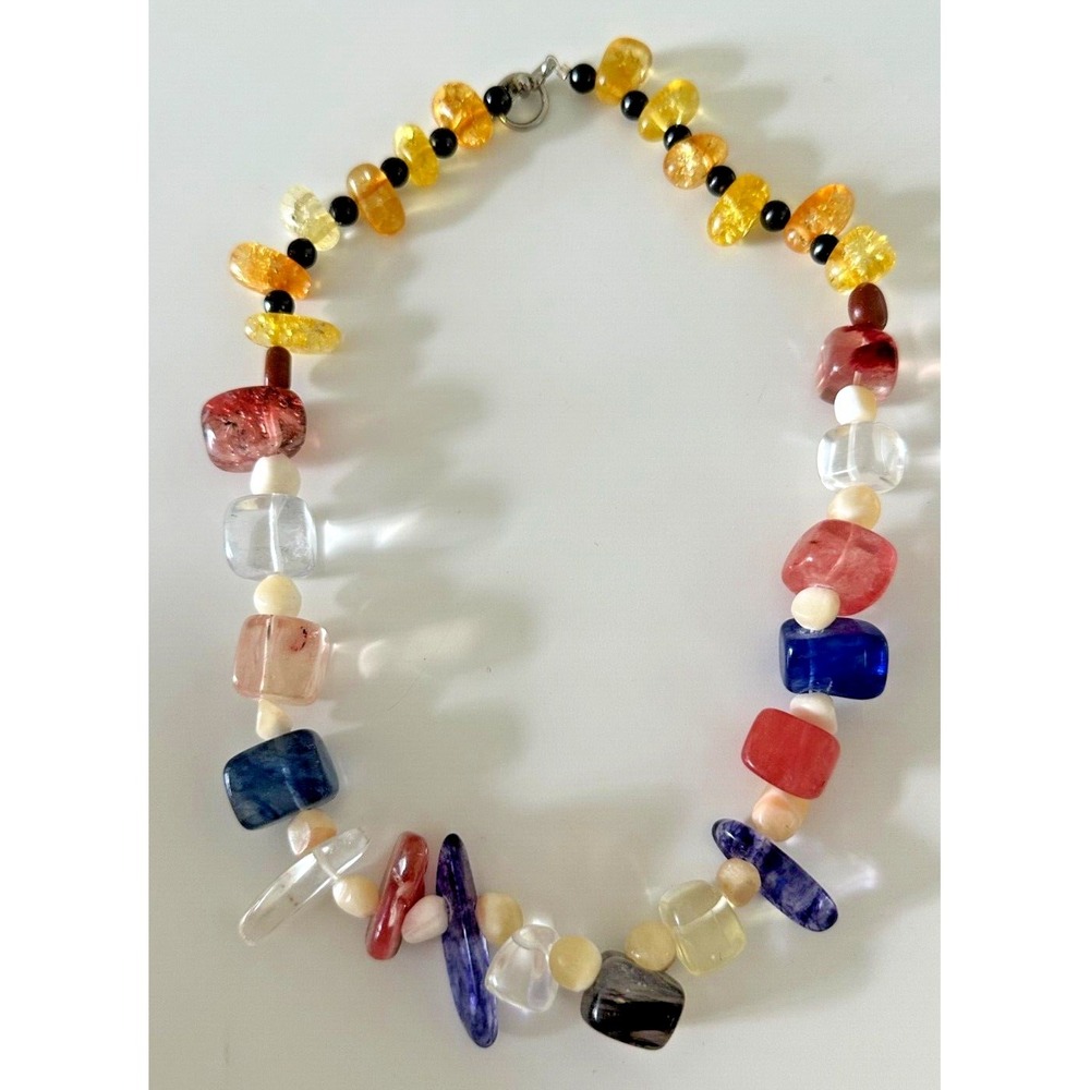 Gemstone Nugget Necklace Amethyst Quartz Multi Color 18" Beaded Designer